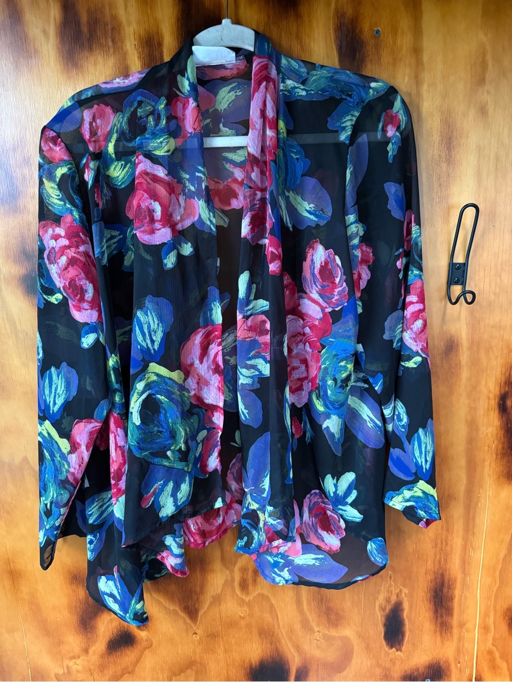 Blair Sheer Floral Open-Front Tunic - Black with Pink & Blue Blooms